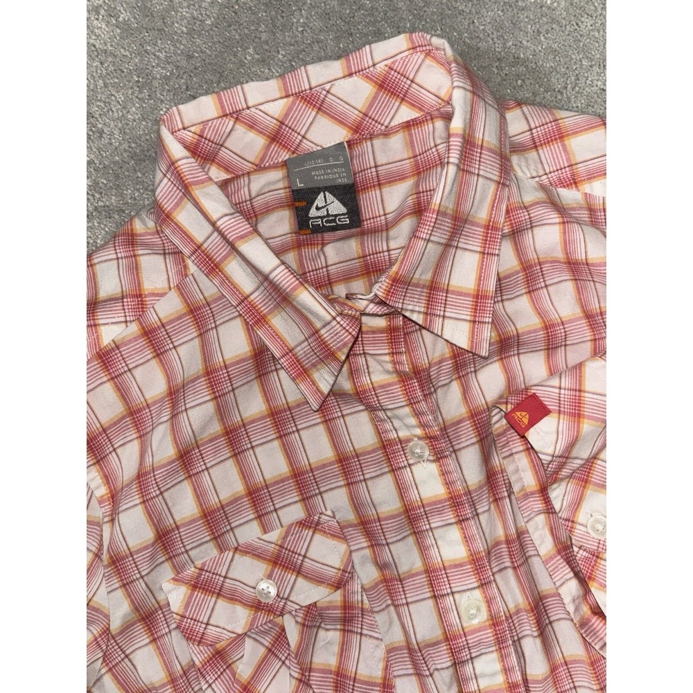 Vtg Nike ACG Ladies L, S/S Button Up Blouse‎ Pink/Orange/White Plaid